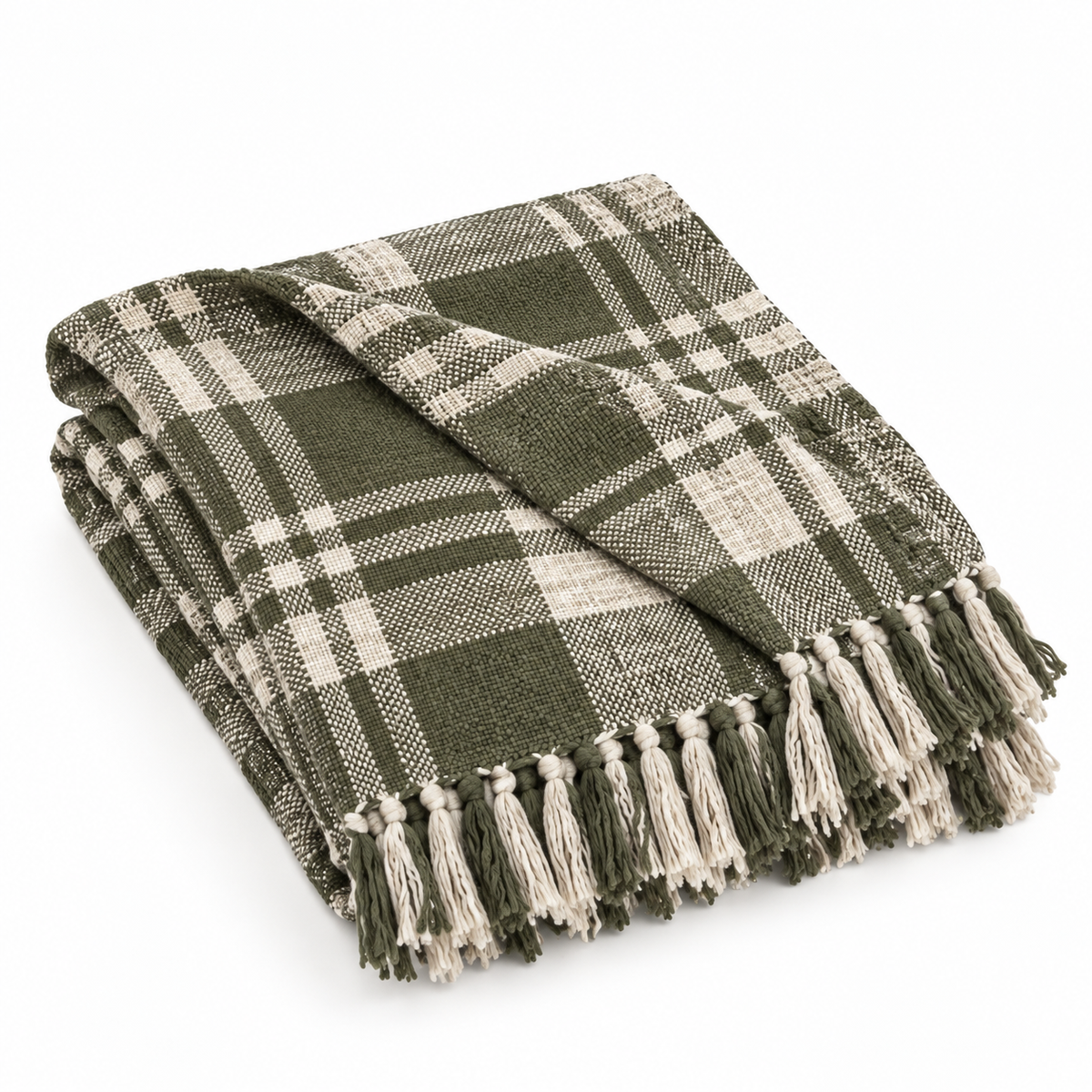 Olive & Cream Plaid Throw Blanket with Tassels