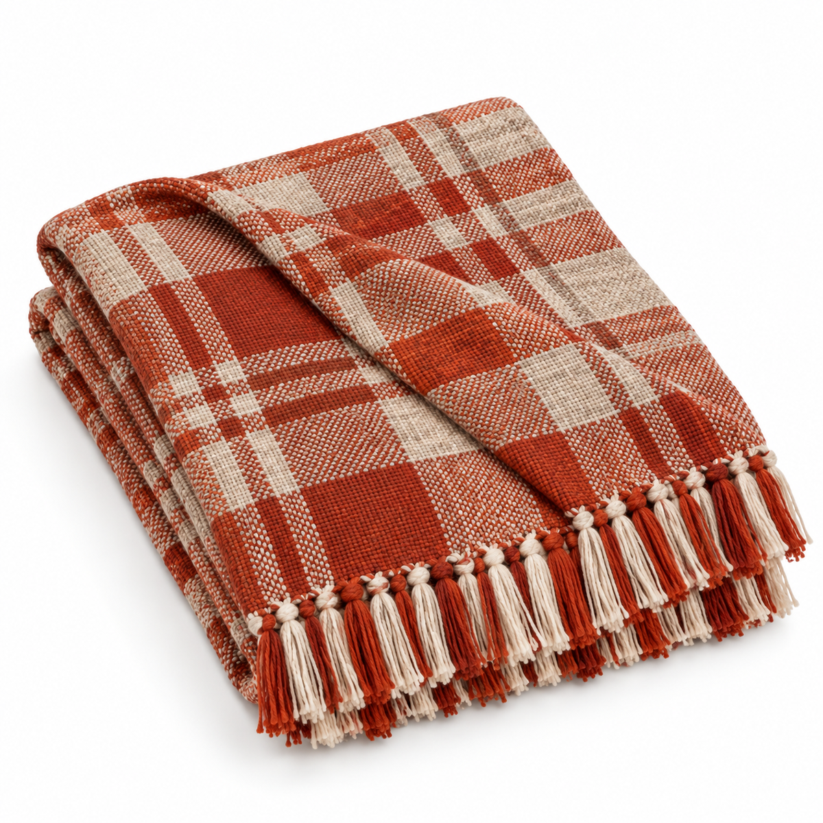 Rust & Cream Plaid Throw Blanket with Tassels