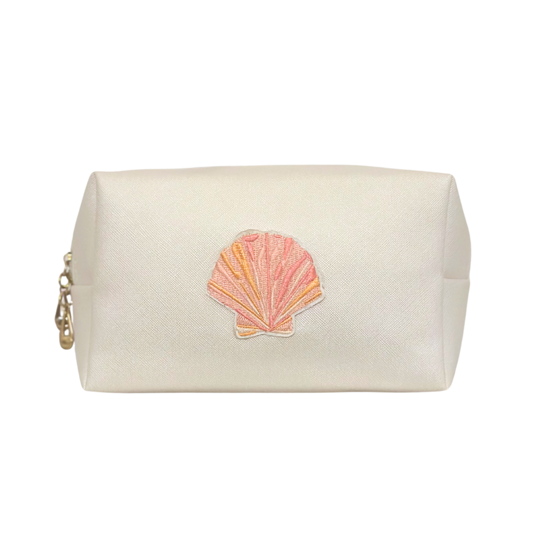 Pink Seashell Embroidered Faux Leather Makeup Bag