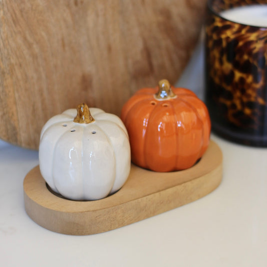 Ceramic Salt & Pepper Shakers with Wooden Tray