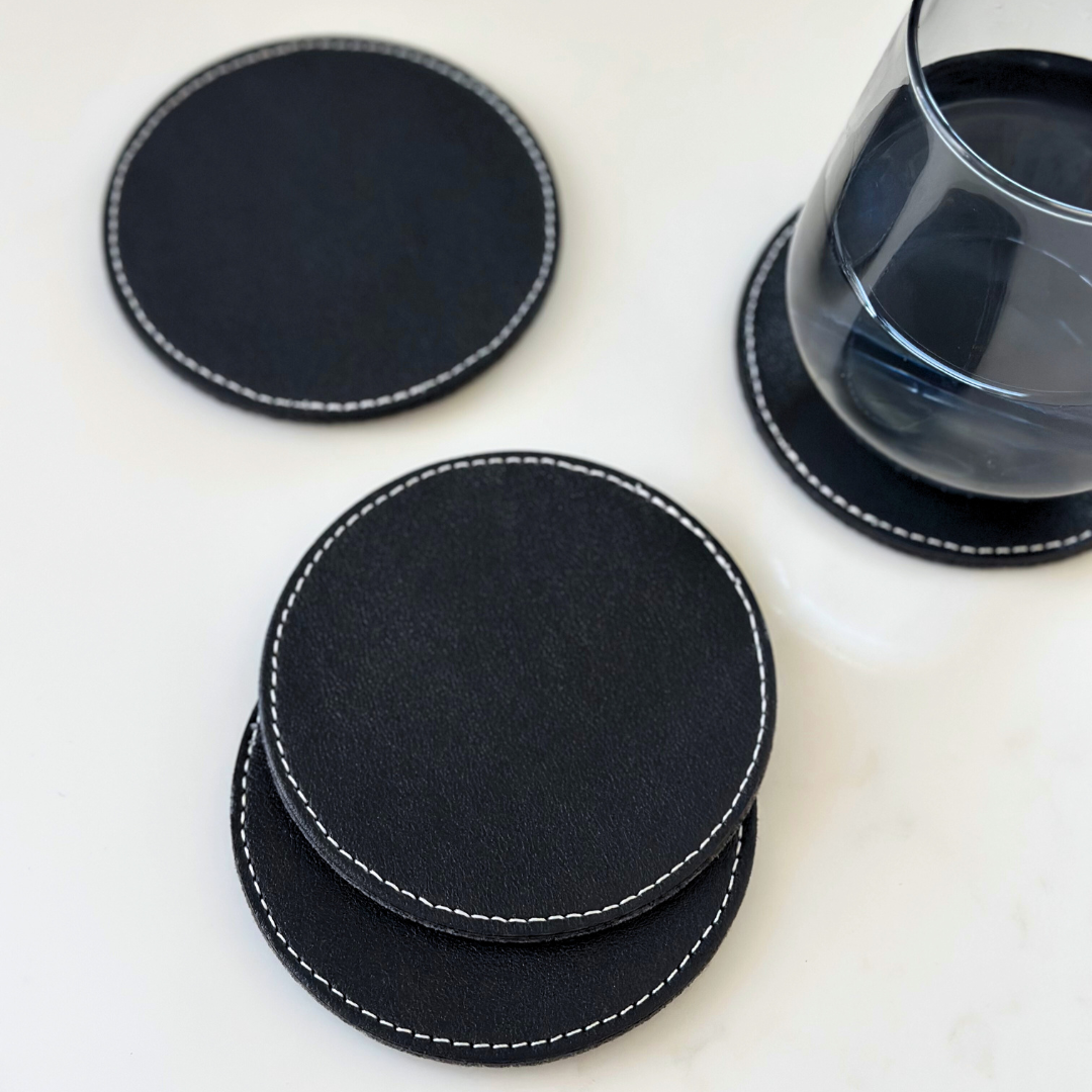 Set of Four Faux Leather Coasters | Black