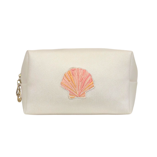 Pink Seashell Embroidered Faux Leather Makeup Bag
